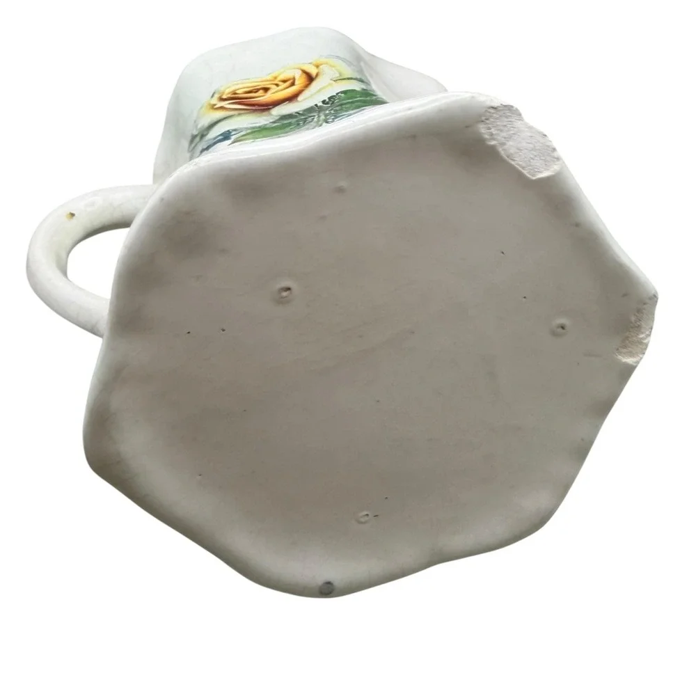 Vintage Small Ceramic Pitcher Yellow Rose Floral Scalloped Rim Creamer 4.5 Inch